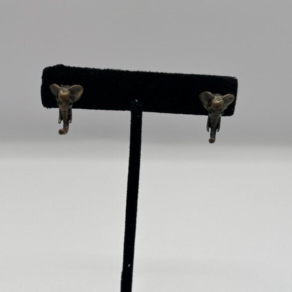 Antiqued Gold Detailed Elephant Stud Earrings with Rhinestone Eyes - Picture 2 of 6